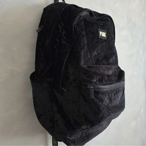 Victorias Secret Pink Logo Velvet Large Campus Backpack Bookbag Black Full Size - Picture 13 of 14